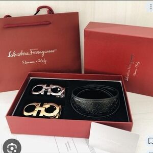 NIB Premium Italian Leather Belt Set – Dual Signature Gancini Buckles in Gold &